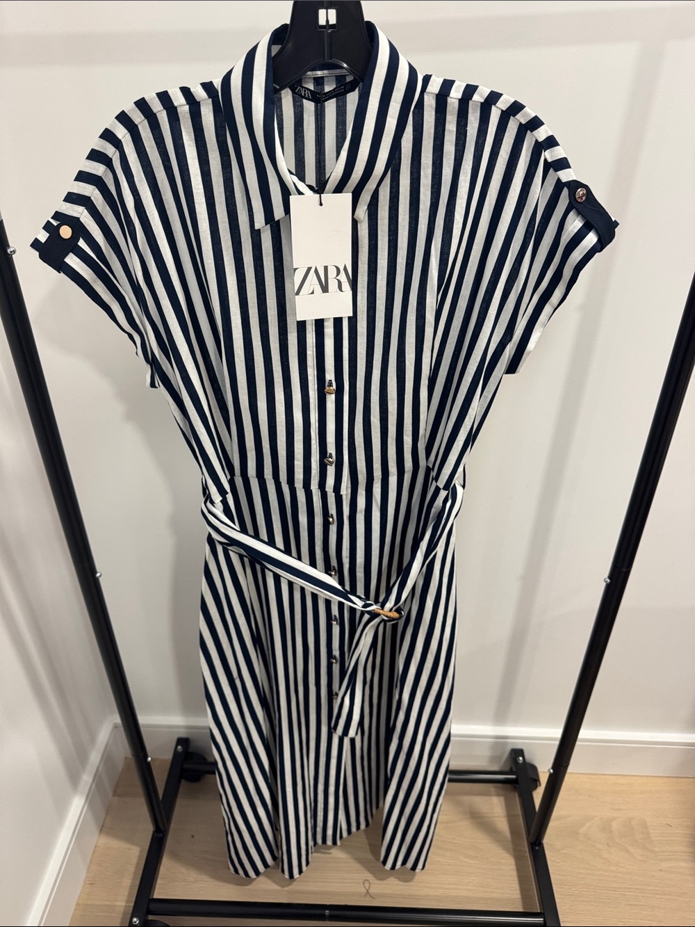Zara Navy and White Vertical Stripe Midi Shirt Dress with Belt